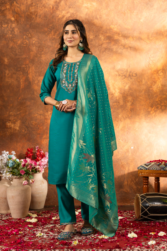 Teal Green Embroidered Kurta Pant Set with Banarasi Dupatta