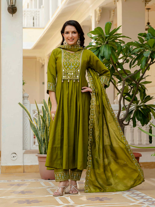 Olive Green Anarkali Kurta Set with Embroidered Dupatta