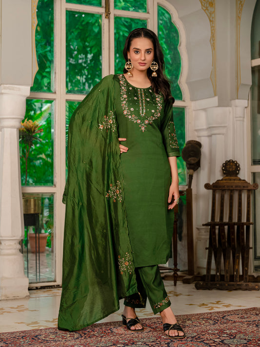 Bottle Green Embroidered Kurta Pant Set with Dupatta