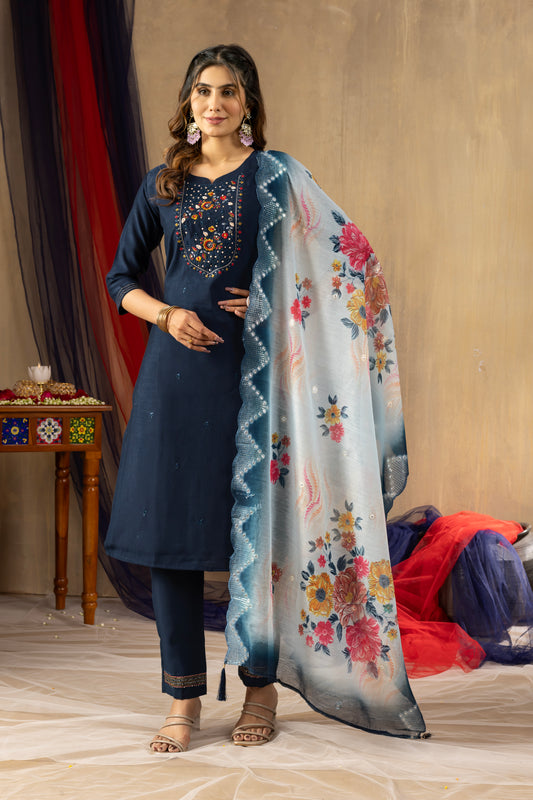 Navy Blue Embroidered Kurta Pant Set with Floral Printed Dupatta