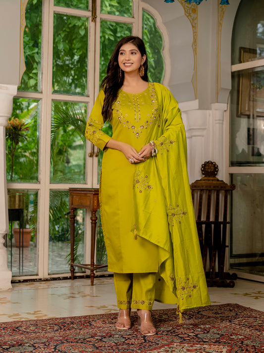 Lime Yellow Embroidered Kurta Pant Set with Dupatta