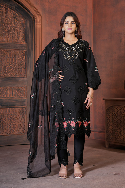 Black Embroidered Kurta Set with Floral Dupatta