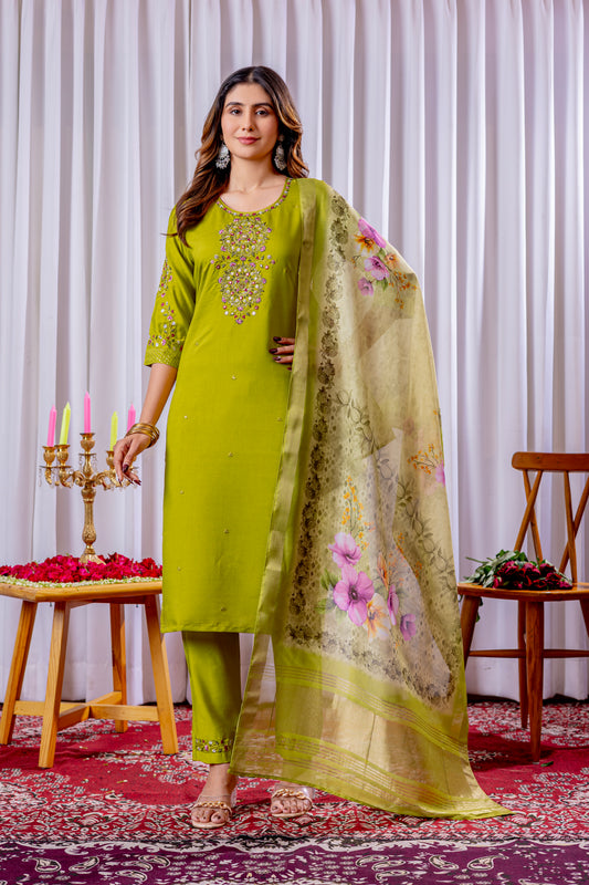 Lime Green Embroidered Kurta Pant Set with Floral Organza Dupatta