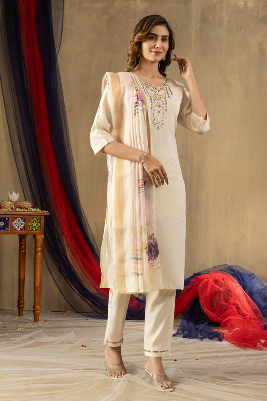 Ivory Embroidered Kurta Pant Set with Floral Printed Dupatta