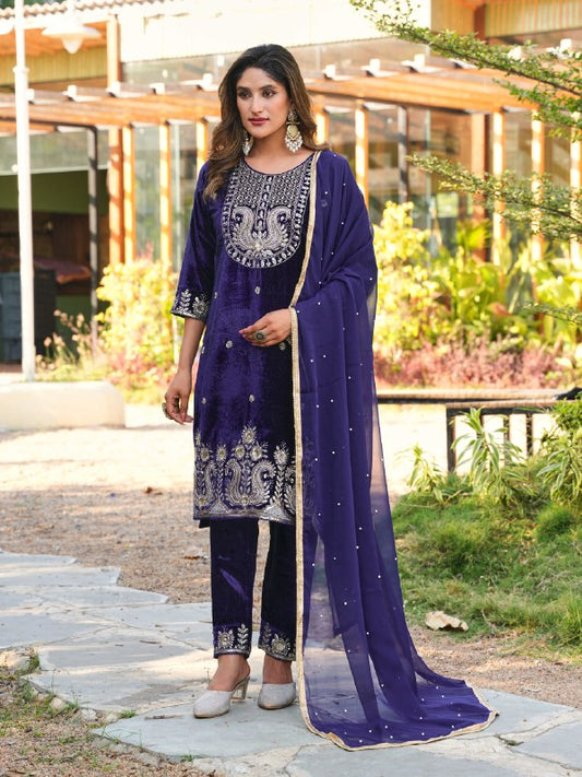 Royal Navy Blue Velvet Embroidered Sharara Set
