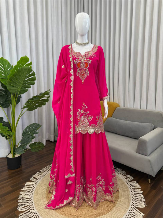 Hot Pink Embroidered Kurta Sharara Set with Dupatta