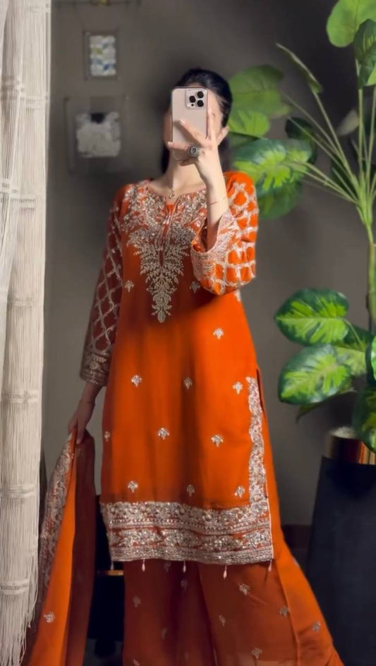 Royal Orange Heavy Embroidered Kurta Palazzo Set
