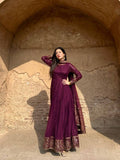 Wine Color Flared Anarkali Dress with Heavy Border Work