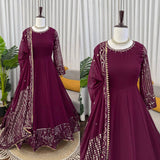 Wine Color Flared Anarkali Dress with Heavy Border Work