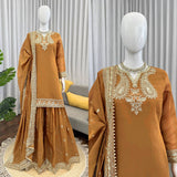 Elegant White Embroidered Kurta Sharara Set with Dupatta
