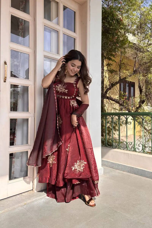 Maroon Embroidered Anarkali Gown with Dupatta