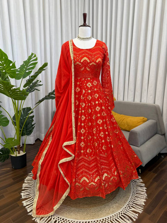 Bridal Red Embroidered Anarkali Gown with Dupatta