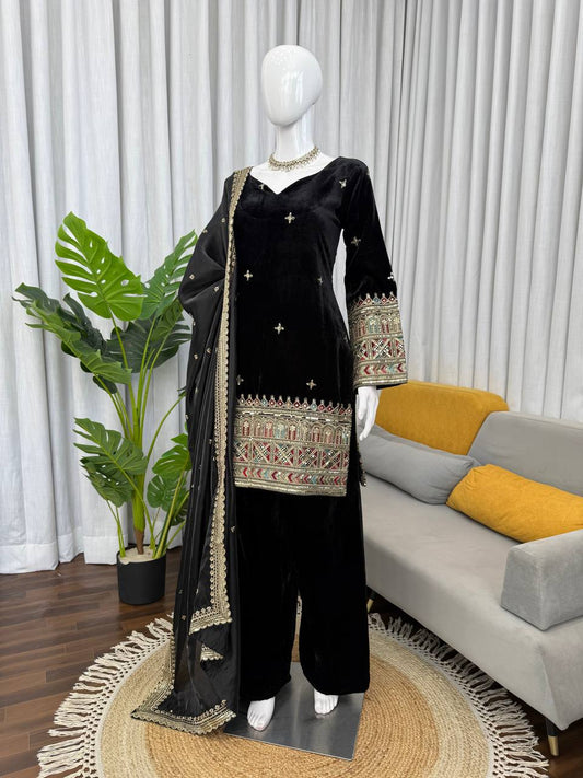 Black Velvet Kurta with Rich Multicolor Embroidered Sleeves & Regal Handwork