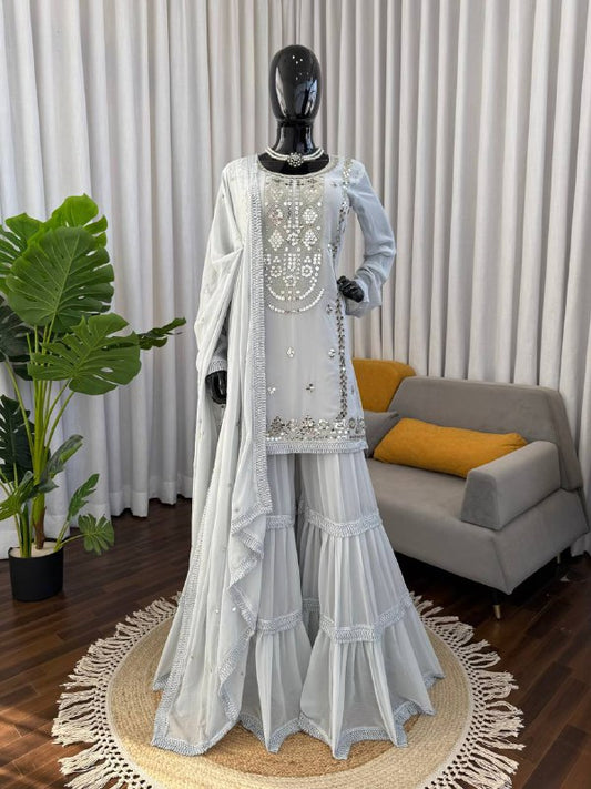 Ethereal Ice Grey Sharara Set with Handcrafted Mirror Embroidery, Flowy Tiered Gharara & Graceful Dupatta Elegance
