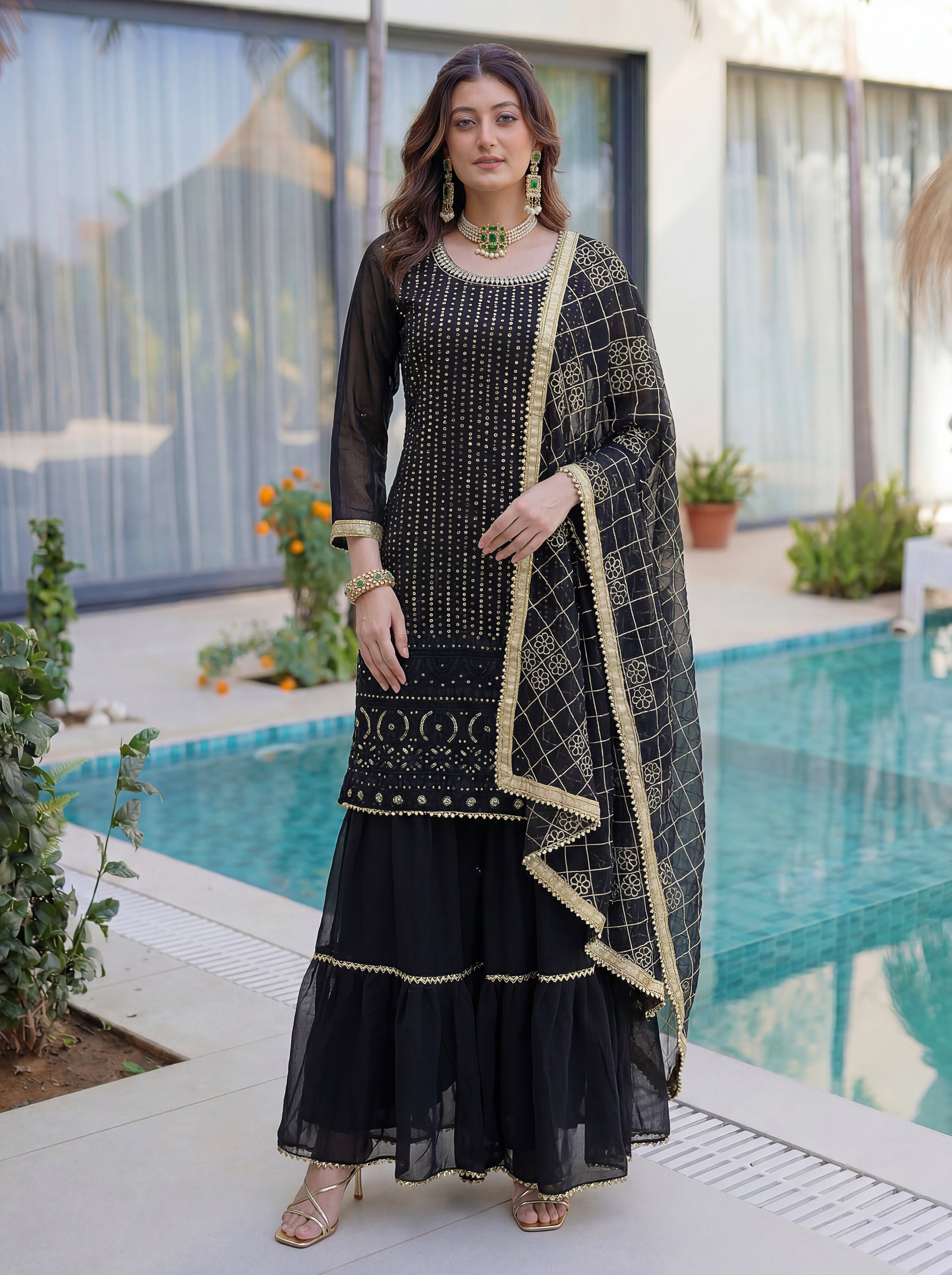 Elegant black embroidered sharara suit for women with dupatta