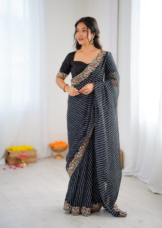 Midnight Black Elegance Saree with Floral Border