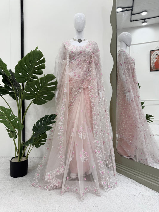 Soft Blush Dream Saree with Floral Detailing