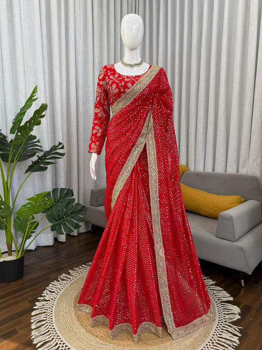 Ruby Sparkle Elegance Saree with Golden Border