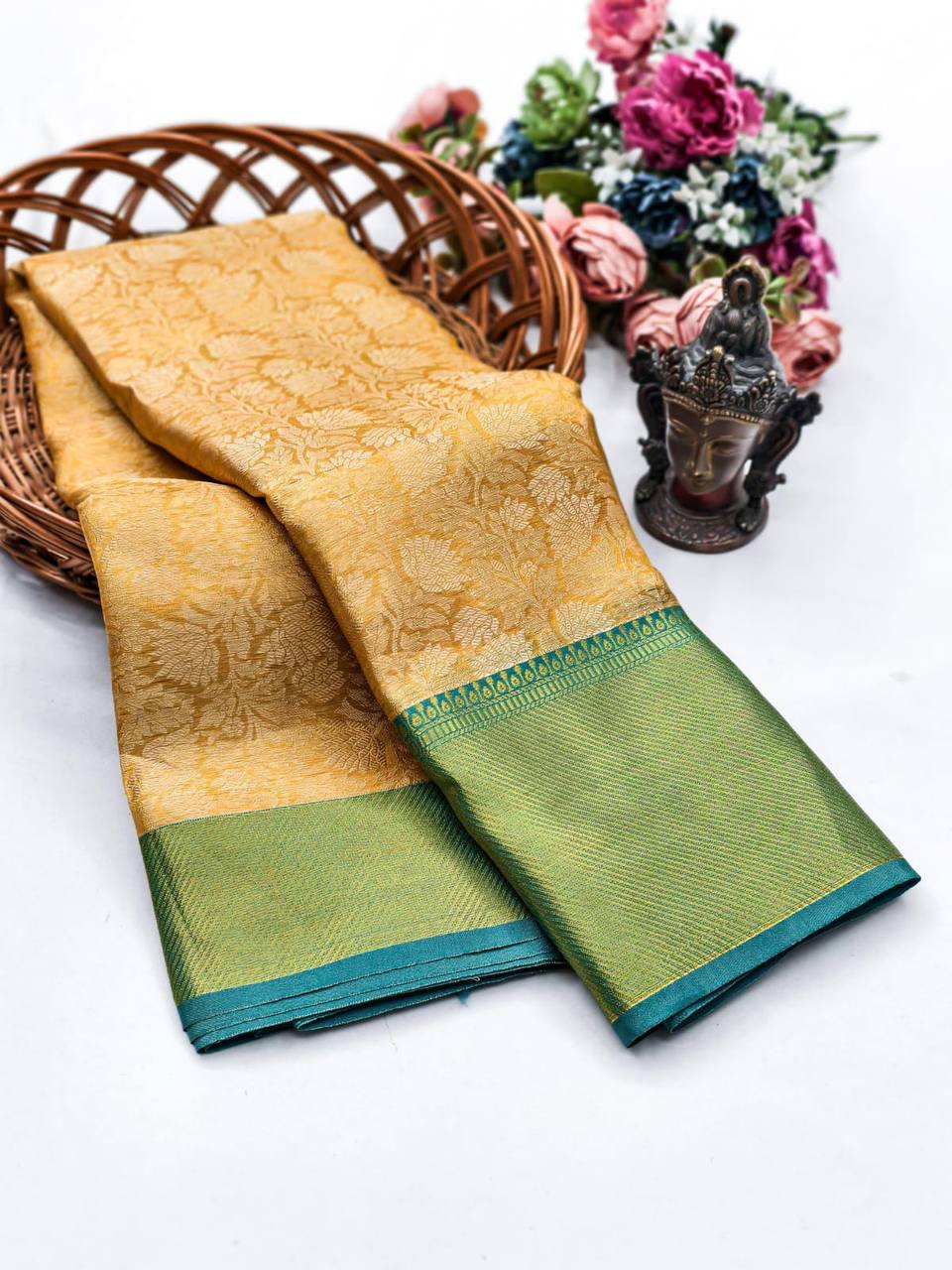 Golden Mustard Banarasi Silk Saree with Rama Green Border - Saree Sargam