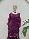 Women’s Purple Kurta Sharara Set with Embroidered Dupatta