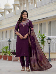 Plum Purple Embroidered Kurta Pant Set with Banarasi Dupatta