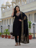 Classic Black Embroidered Kurta Pant Set with Banarasi Dupatta