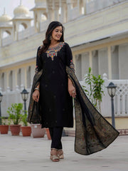 Classic Black Embroidered Kurta Pant Set with Banarasi Dupatta