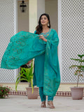 Turquoise Green Embroidered Kurta Pant Set with Banarasi Dupatta