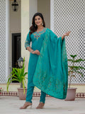 Turquoise Green Embroidered Kurta Pant Set with Banarasi Dupatta