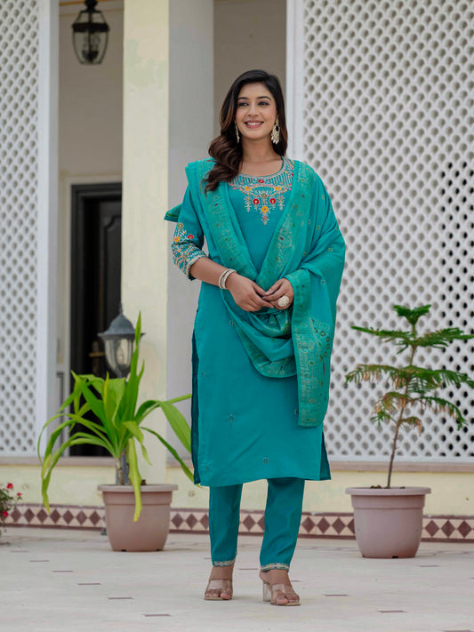 Turquoise Green Embroidered Kurta Pant Set with Banarasi Dupatta
