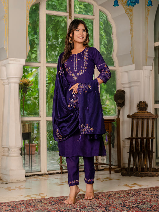 Royal Purple Embroidered Kurta Pant Set with Dupatta