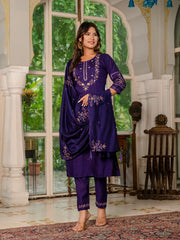Royal Purple Embroidered Kurta Pant Set with Dupatta