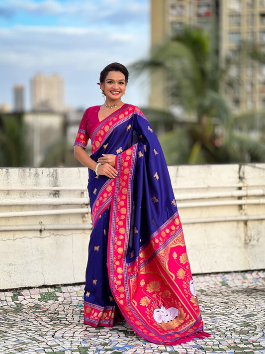 royal-blue-pichwai-silk-saree-with-rani-pink-border