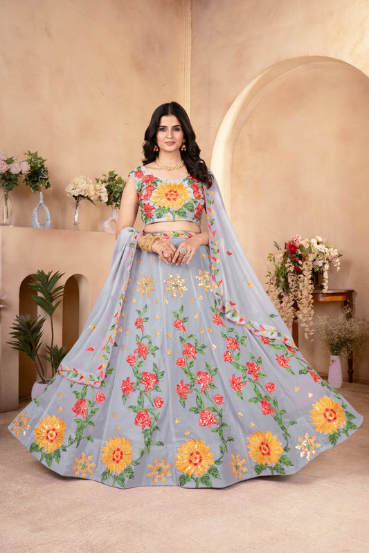 Pastel Grey Floral Lehenga with Sunflower Embroidery