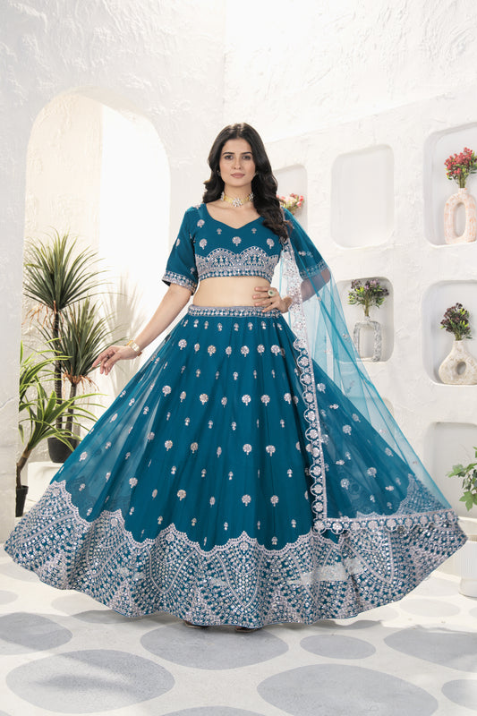Teal Blue Designer Lehenga with Heavy Silver Embroidery