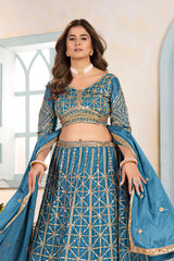 Teal Blue Geometric Embroidered Lehenga
