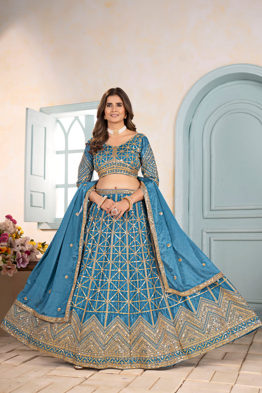 Teal Blue Geometric Embroidered Lehenga