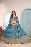 Teal Blue Geometric Embroidered Lehenga