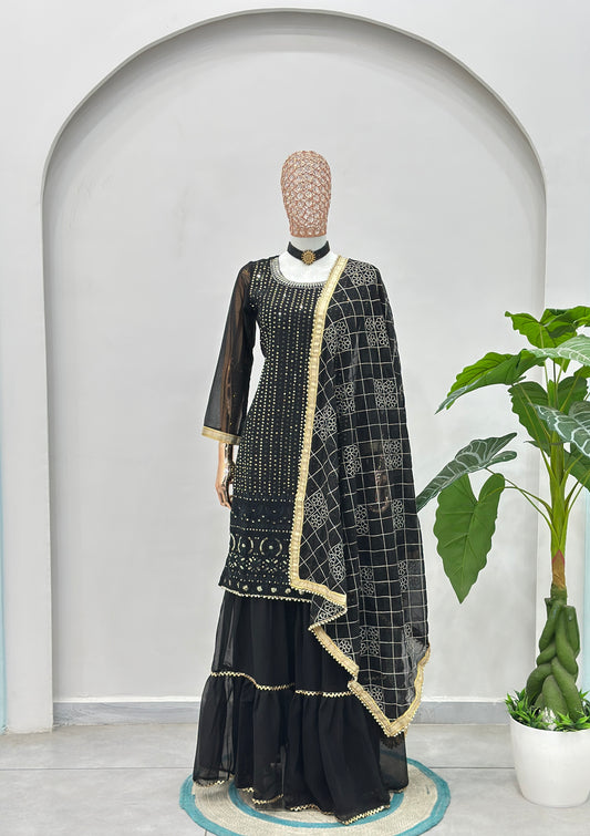 Black Mirror Work Kurta Sharara Set with Designer Dupatta