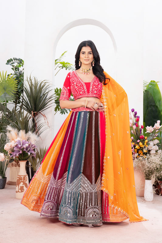 Multicolor Panel Lehenga with Red Choli & Yellow Dupatta