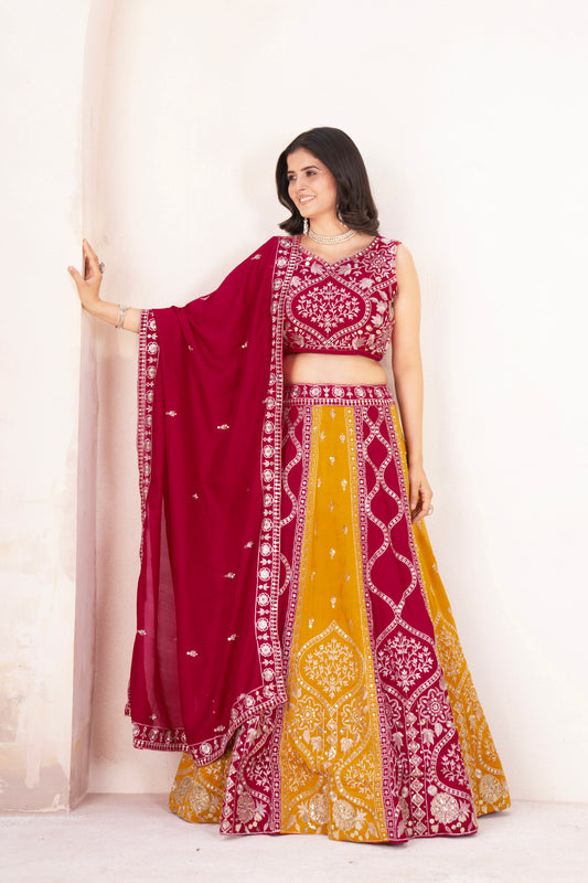 Pink & Mustard Dual-Tone Lehenga with Heavy Embroidery