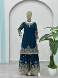 Premium Teal Green Embroidered Kurta Palazzo Set with Dupatta