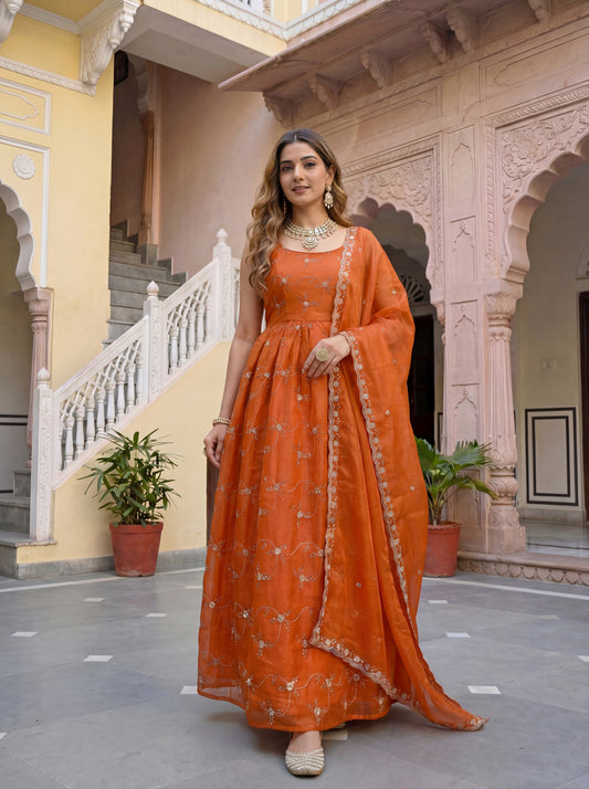 Royal Orange Anarkali Suit Set with Elegant Dupatta