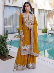Mustard Yellow Embroidered Kurta Set with Heavy Dupatta