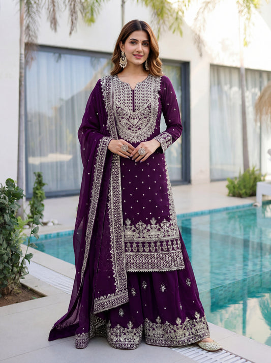 Royal Purple Embroidered Kurta Set with Heavy Dupatta
