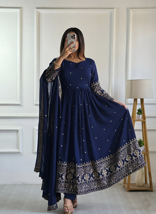 Royal Navy Blue Anarkali Gown with Heavy Gold Border & Dupatta