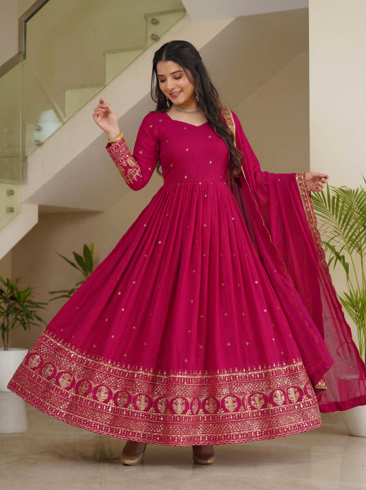 Rani Pink Anarkali Suit with Embroidered Border Dupatta