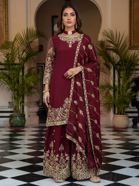 Royal Maroon Embroidered Kurta Palazzo Set with Dupatta