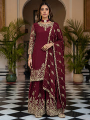 Royal Maroon Embroidered Kurta Palazzo Set with Dupatta