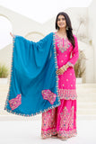 Rani Pink Embroidered Kurta Sharara Set with Heavy Gold Work